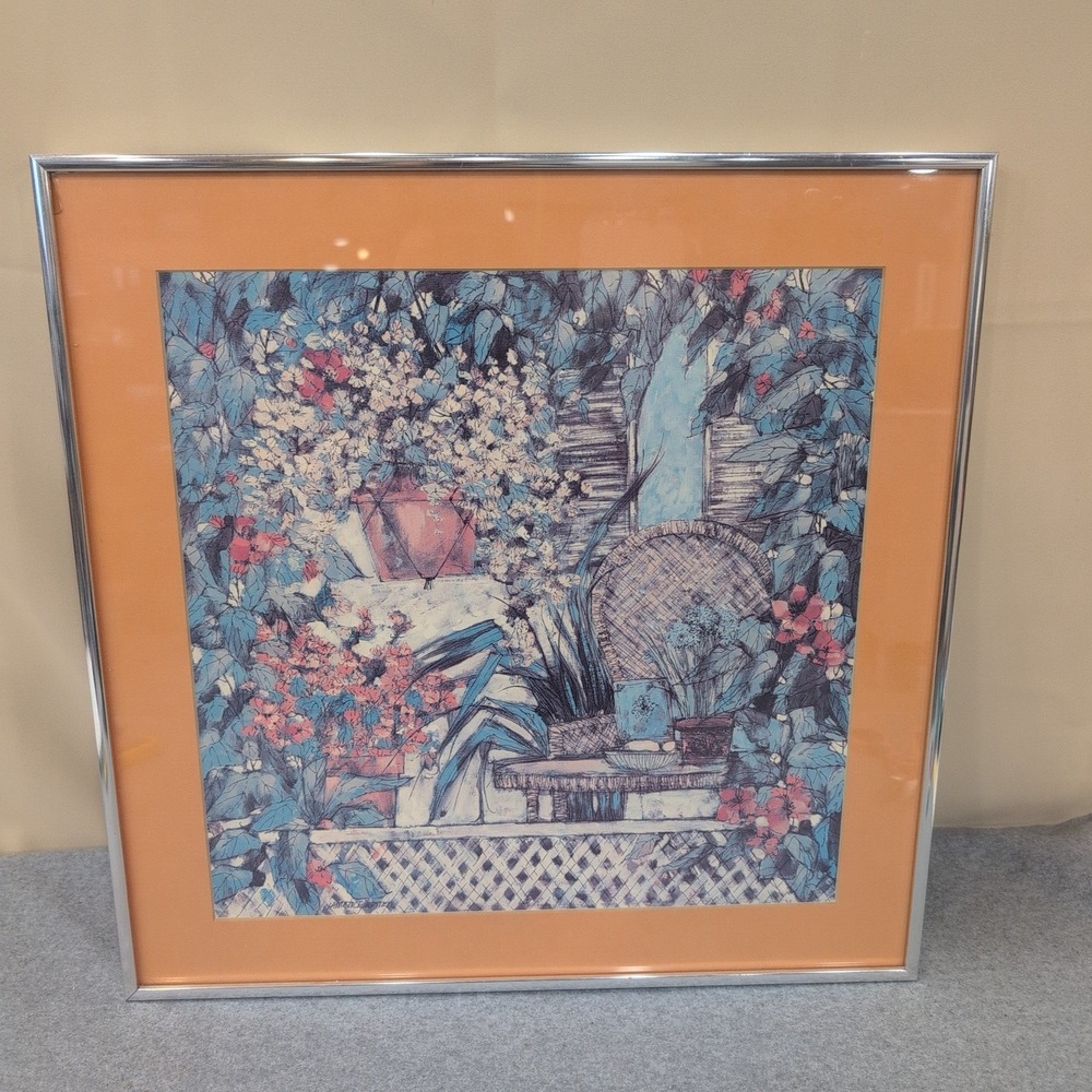 Lawrence Retten Framed Garden Floral Art Print Silver Metal Frame Peach Mat - Picture 1 of 7
